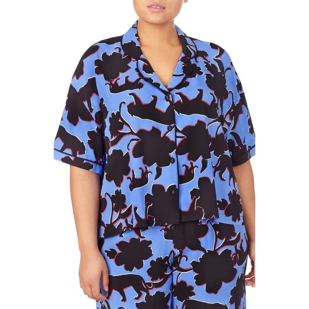 Refinery29 Panther Print‎ Shirt Women 3X Blue EUC Bold Short Sleeve Camp Collar